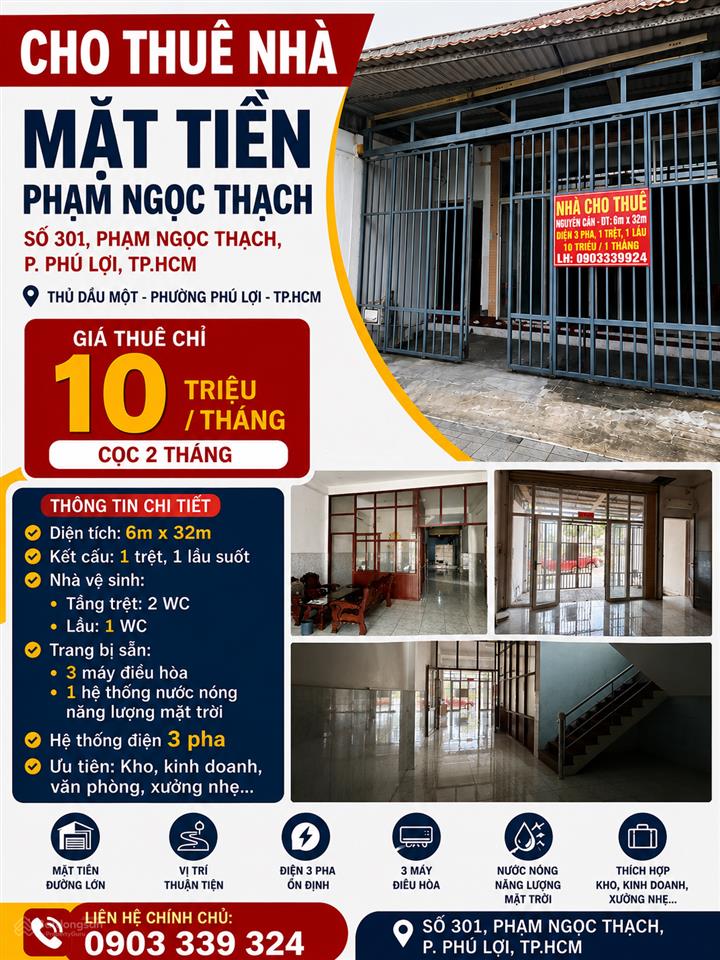 Cho thuê nhà riêng 301 phạm ngọc thạch, giá ưu đãi, 190m2, 2pn, 3wc