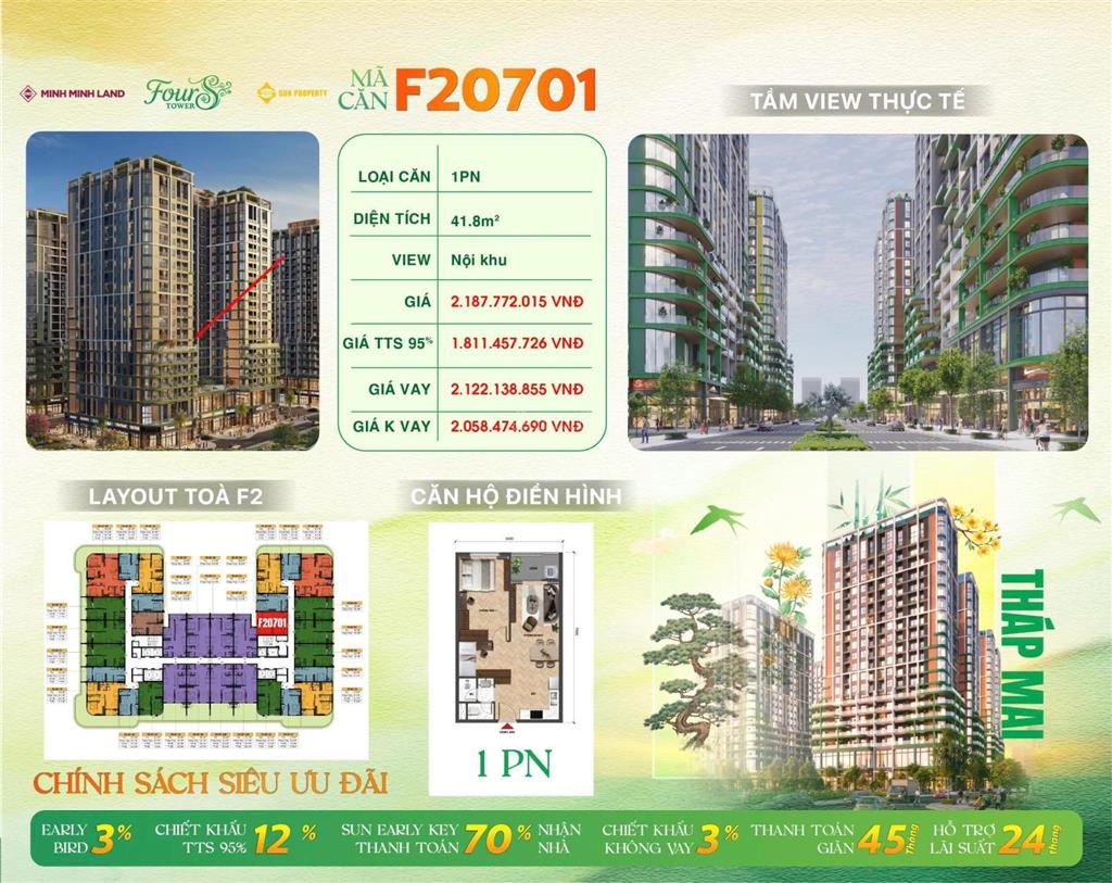 Bán căn 41.8m2 toà f2 dự án fours giá chỉ 1.x tỷ .vay 70% htls 24 tháng