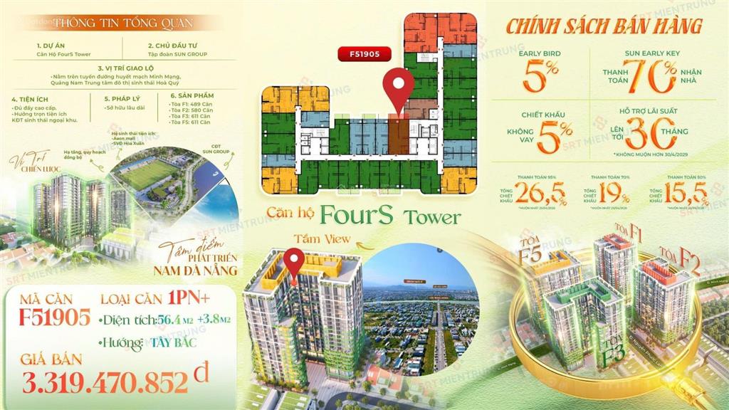Căn 1 pn+ 56m2 f519 sun fours tower đà nẵng view sân bay, trung tâm thành phố chỉ với 2,5 tỷ