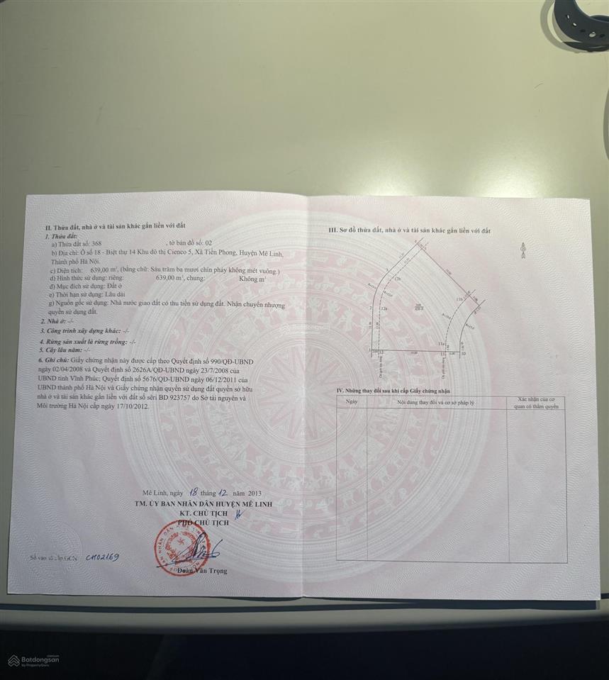 Bán đất biệt thự sổ đỏ chính chủ tại khu đô thị cienco5 me linh hà nội, 24,9 tỷ, 639 m2