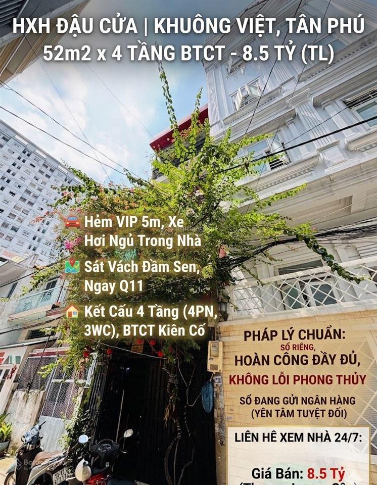 Hxh đậu cửa, khuông việt q.tân phú, 52m2 x 4 tầng btct, 8.5 tỷ tl, gần đầm sen
