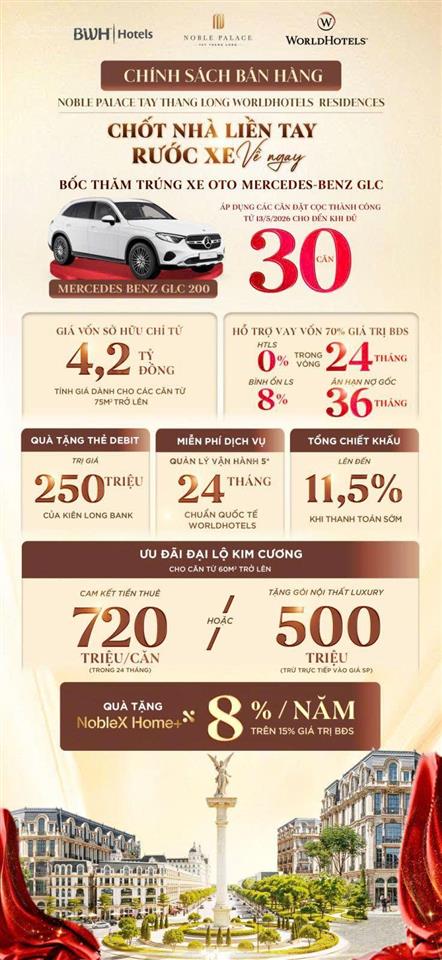 Sốc! ck lên tới 20%,tặng thêm 970 tr,htls 0% 24 tháng,tặng ngay mec về noble palace tây thăng long