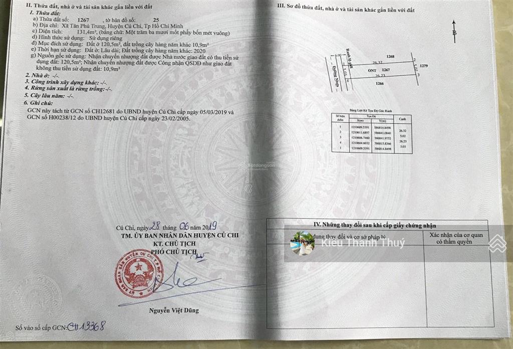 Tôi cần bán gấp lô đất bên đường nguyễn thị lắng xã tân phú trung huyện củ chi 130m2 giá 1 tỷ 2 shr