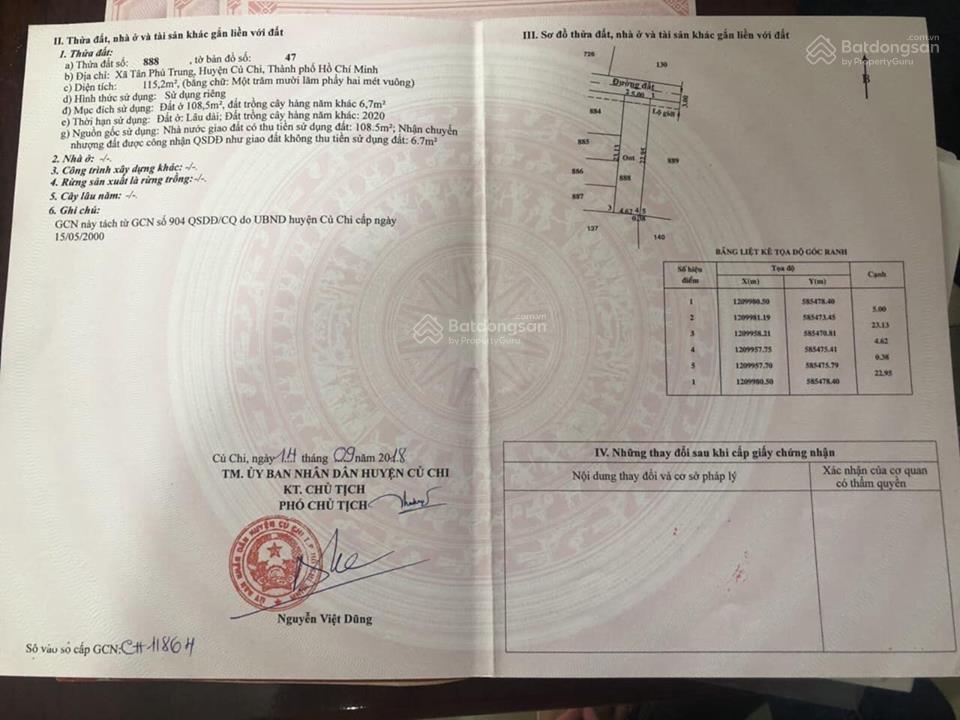 Chủ cần tiền đóng ngân hàng nên bán lô đất đ trần thị cẩm xã tân phú trung ,115m2, 1ty260tr , shr.
