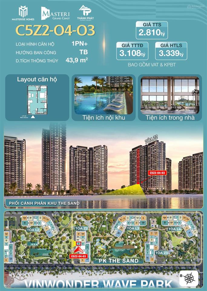 Chỉ 2,8 tỷ sở hữu ngay căn hộ 1pn+ masteri grand coast  hỗ trợ vay 70%