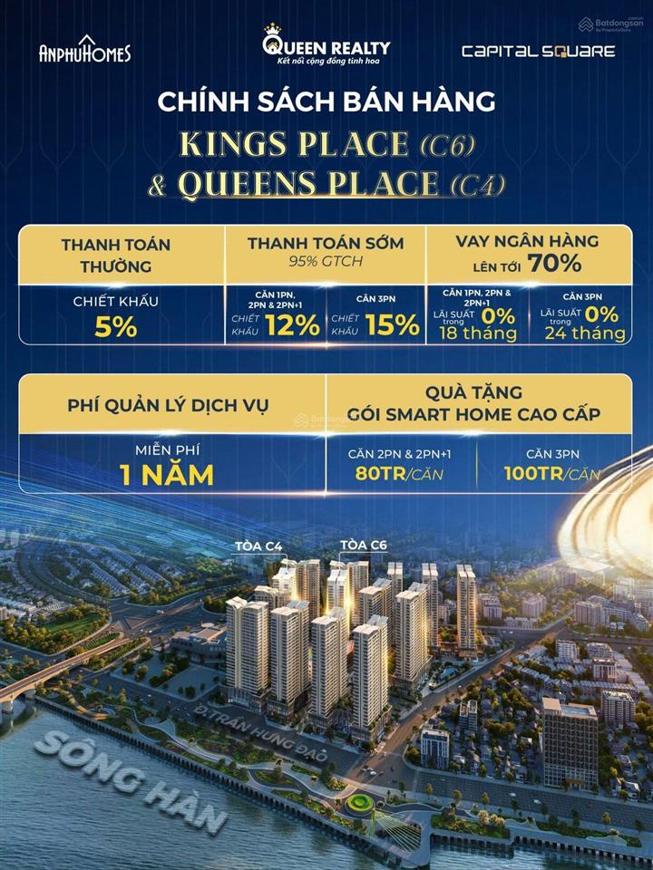 Sở hữu căn 2pn capital square ven sông hàn  chiết khấu 15%  miễn lãi 24 tháng. htls chỉ 1.612 tỷ.