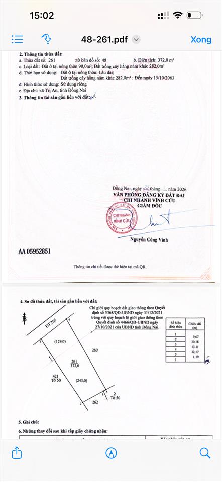 Bán nr 372m2 tại đt 768, vĩnh an, vĩnh cửu, 2,4 tỷ, view đẹp