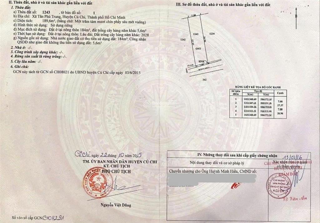 Cần tiền muốn bán gấp lô đất đẹp mặt tiền đường hồ thị lai, tân phú trung  củ chi (sổ hồng riêng)