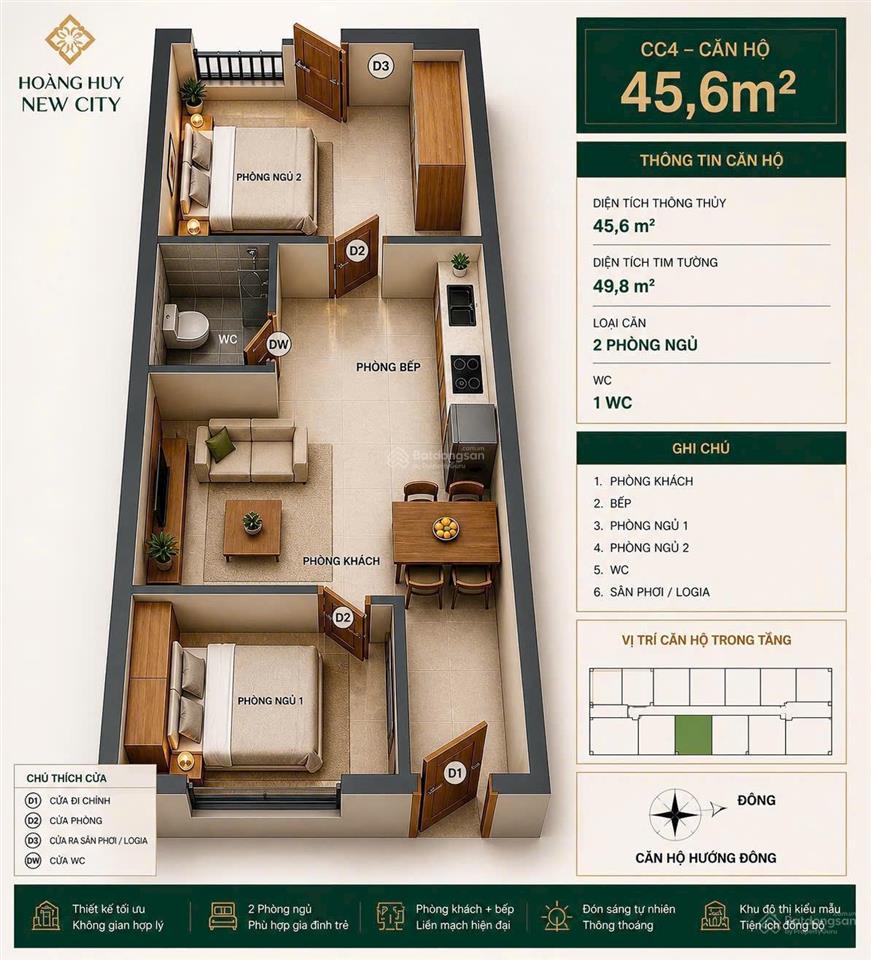 Bán cc hoàng huy new city, 800 triệu, 45.6m2, 2pn, 1wc, full nội thất