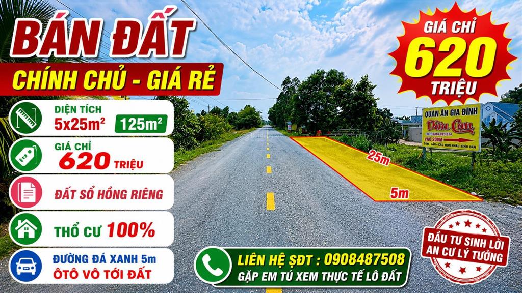 Đất giá rẻ chính chủ ký gửi dt  5x25=125m2 shr giá  620tr đất thổ cư 100% đường đá xanh ô tô