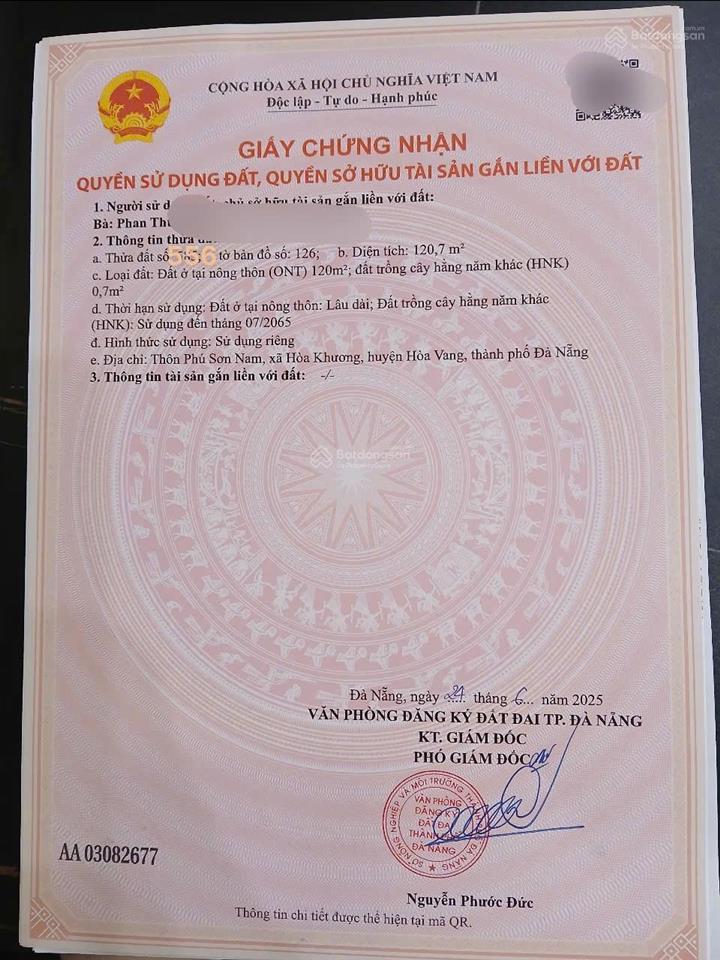 Mình chính chủ cần bán lô đất thôn phú sơn nam, xã hòa khương. dt  120m2