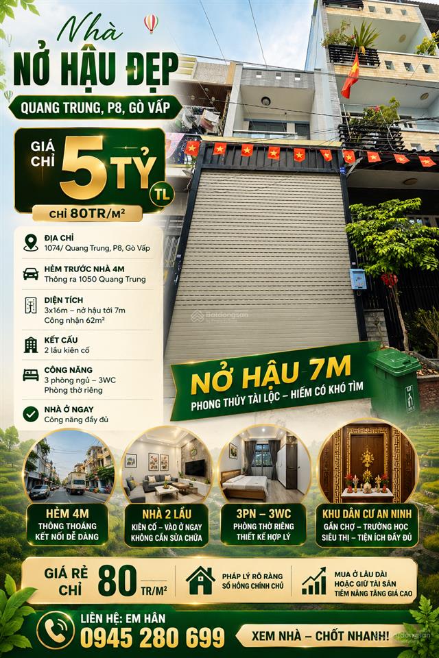 80tr/m2 cn 62m2 3x16 nở hậu 7m 2lầu 3pn, 1074 quang trung p8 hxh 4m chỉ 5 tỷ tl.