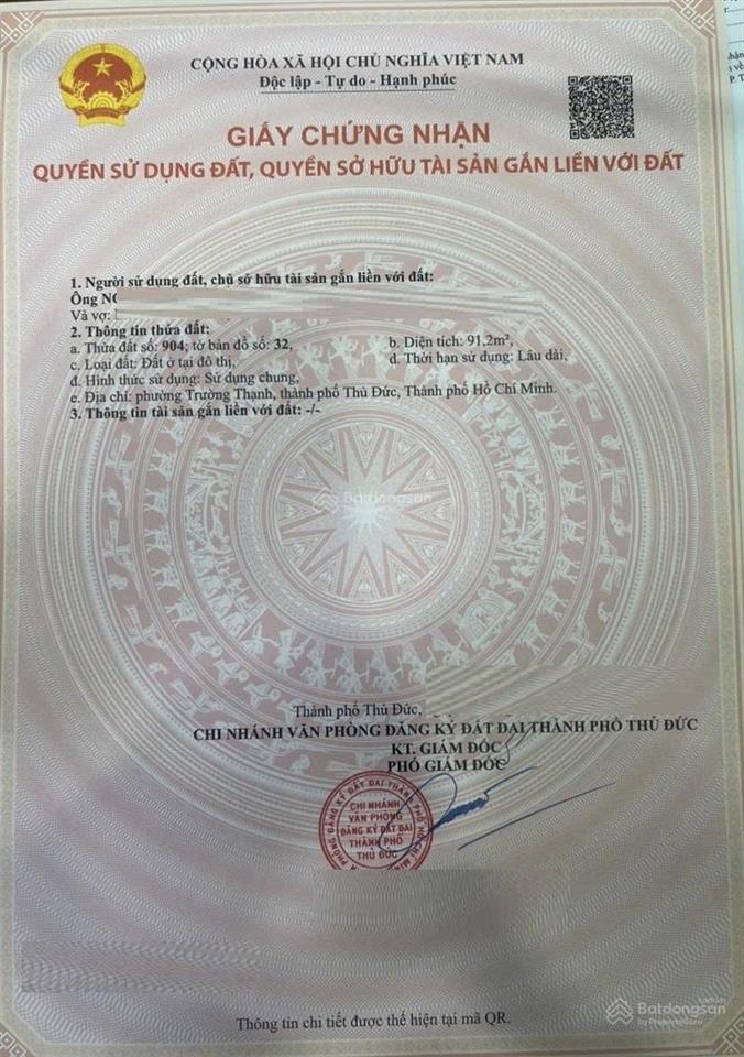 Cần bán nhanh lô đất trục chính đường 30m  91.2 m2 dự án đảo kim cương trường thạnh