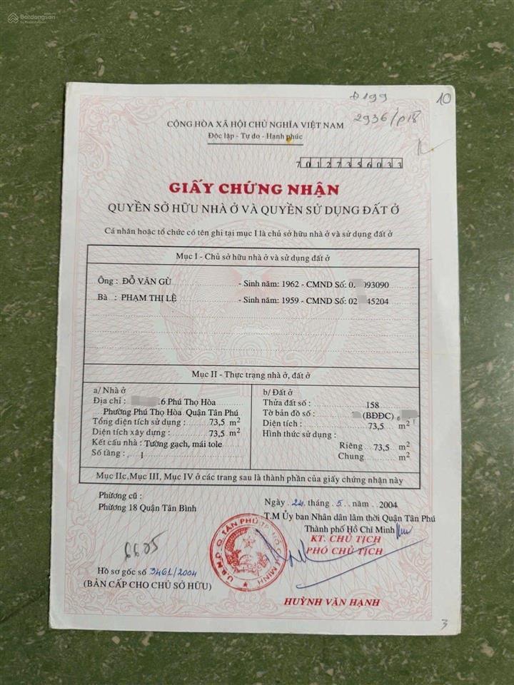 Hẻm xe hơi ngay phú thọ hòa  tân phú  không quy hoạch  74m2  sổ a4 chỉ hơn 5 tỷ tl
