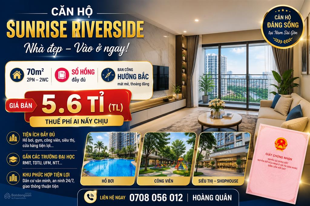 Bán căn hộ sunrise riverside 71m². chỉ với 5ty6. nhà đẹp mới full nội thất. 2pn, 2wc