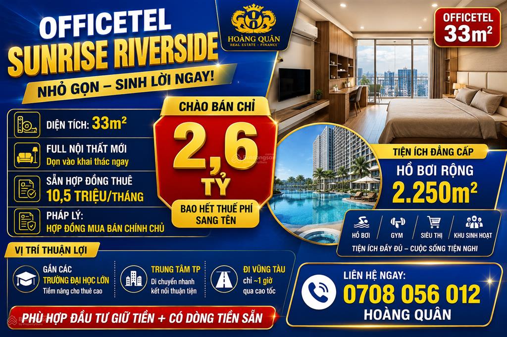 Chủ nhà chuyển nhượng gấp căn hộ officetel 33m² full nội thất. sẵn hợp đồng thuê chỉ với 2ty6