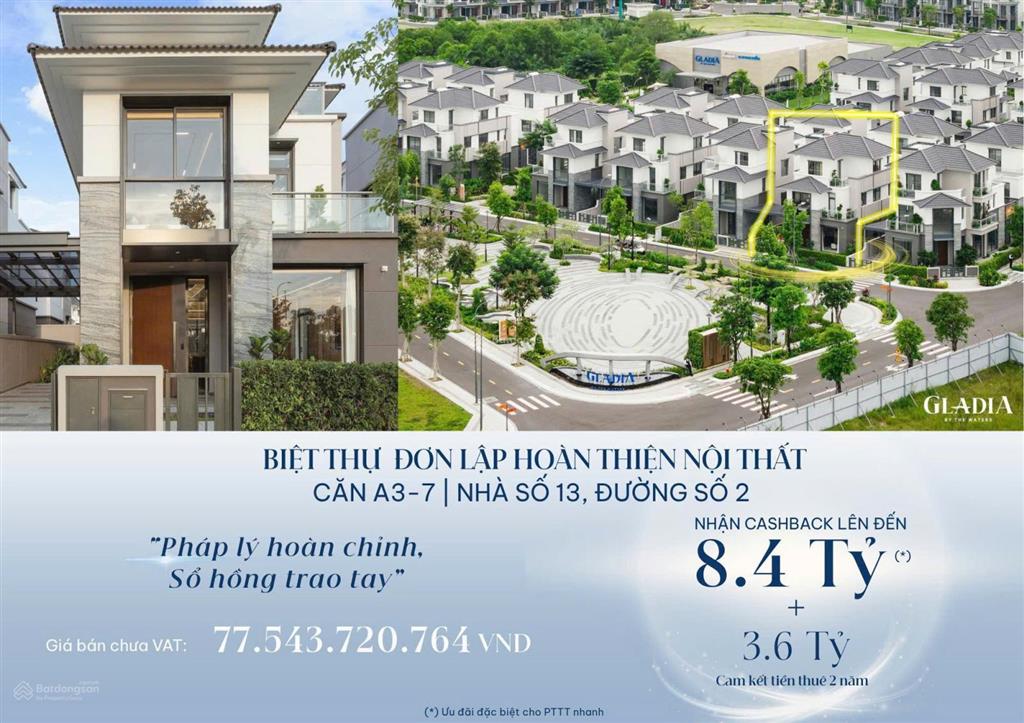 Bán biệt thự đơn lập 240m2 dự án gladia (keppel & khang điền), 77 tỷ