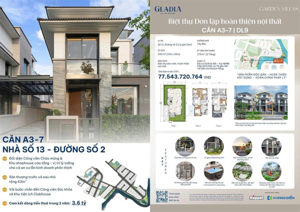 Bán biệt thự đơn lập 240m2 dự án gladia (keppel & khang điền), 77 tỷ