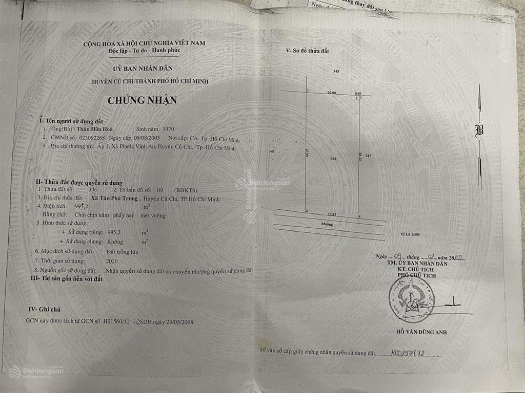 Bán nhanh lô đất vườn thuộc xã tân phú trung, củ chi, tphcm dt 995,2 m2