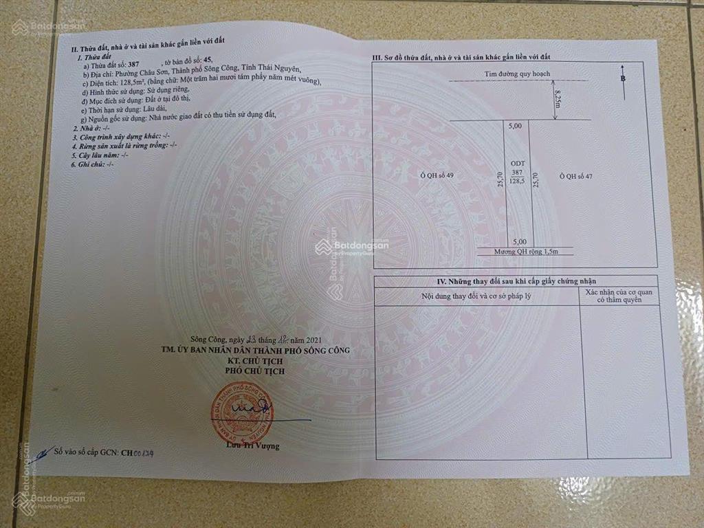 Chính chủ bán lô đất đấu giá 129m tại lê hồng phong sông công thái nguyên giá 1,45 tỷ