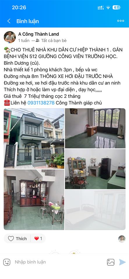 Cho thuê nhà khu dân cư hiệp thành 1 . gần bệnh viện 512 giường công viên trường học. bình dương