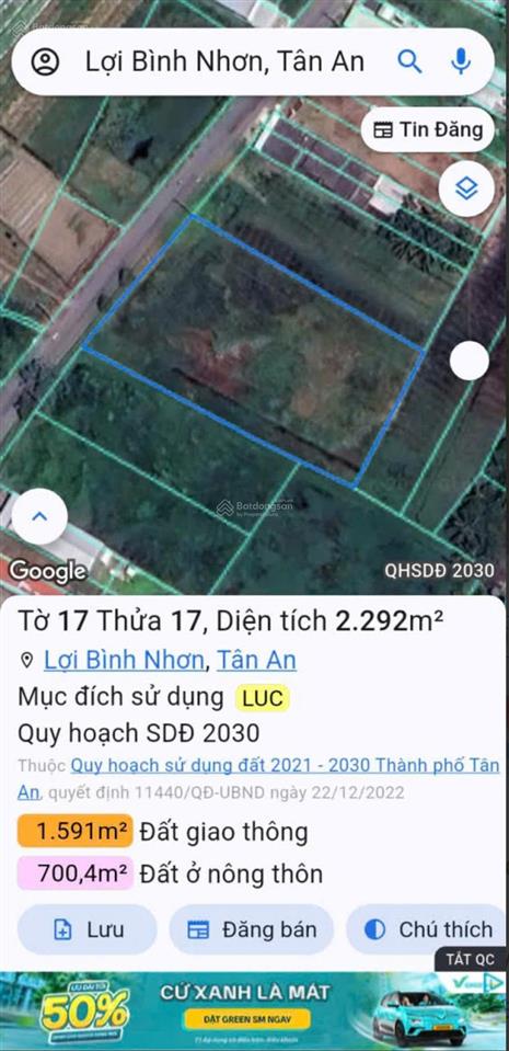 Bán đất 2292.21m² ngang 38.2m giá 16.7 tỷ xã lợi bình nhơn (cũ), nay là phường khánh hậu