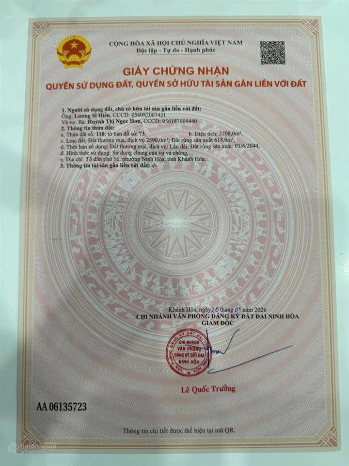Chuyển nhượng đất thương mại dịch vụ diện tích 3.208m2 trung tâm ninh hòa