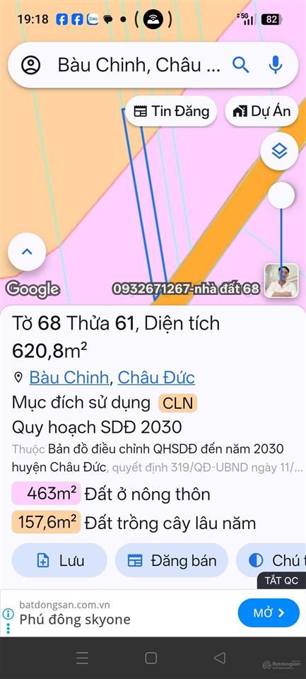 Đất quy hoạch đất ở nông thôn, mặt tiền 9,57m, đường nhựa 25m, xã bàu chinh, huyện châu đức (cũ).
