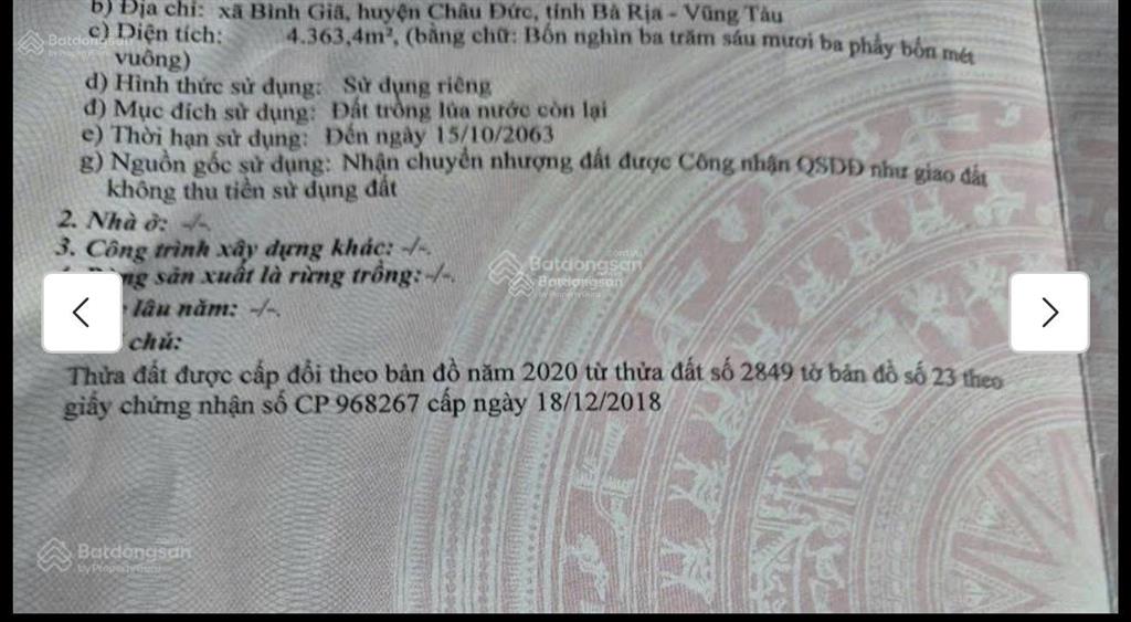 Bán nhanh 4363m2 bình giã! lời ngay 5 tỷ