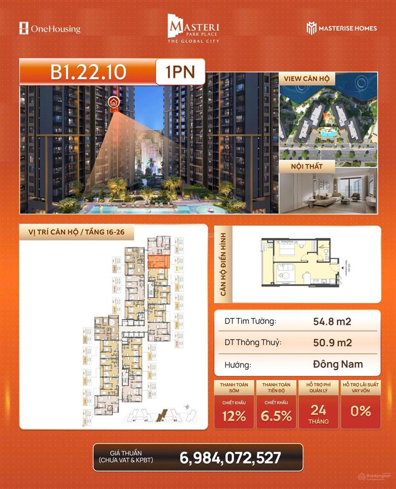 Chính chủ cần tiền cắt lỗ 400tr bán nhanh căn 1pn+ dự án masteri park place giá 6tỷ374tr.
