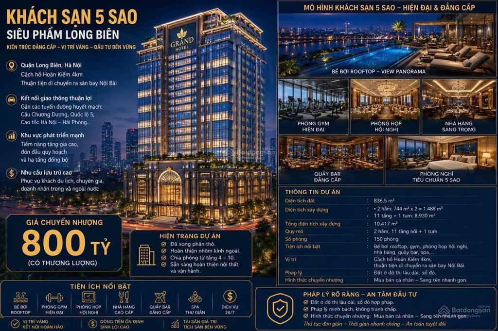 Bán khách sạn phố hồng tiến 836,5m, 14t, mt 33, 800 tỷ long biên chuyển nhượng khách sạn 5 sao