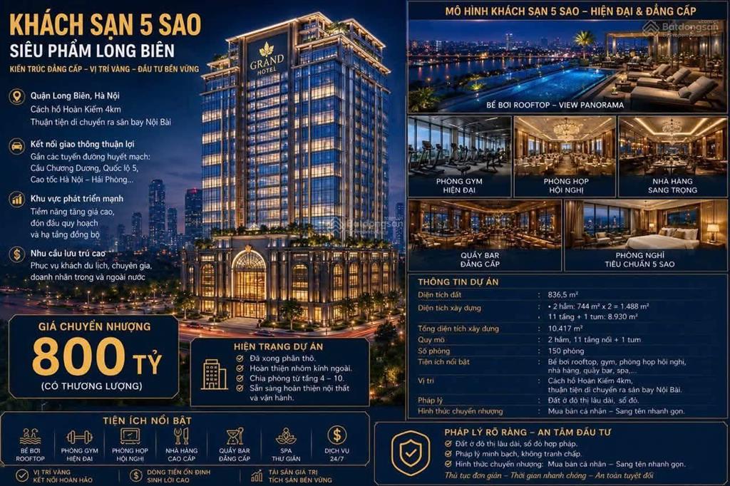 (giảm chào 150 tỷ) bán khách sạn phố hồng tiến 836.5m2, 14t, mt 33m, 650 tỷ, long biên