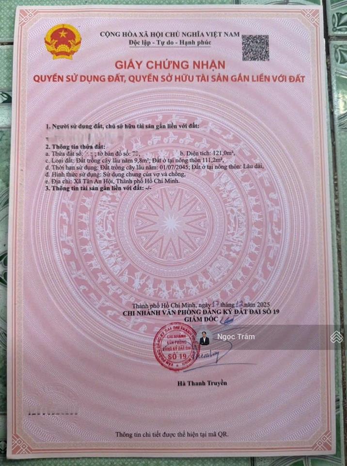 Bán gấp lô đất 121m2 giá 720 triệu đường đào văn thử xã tân an hội huyện củ chi sổ hồng riêng