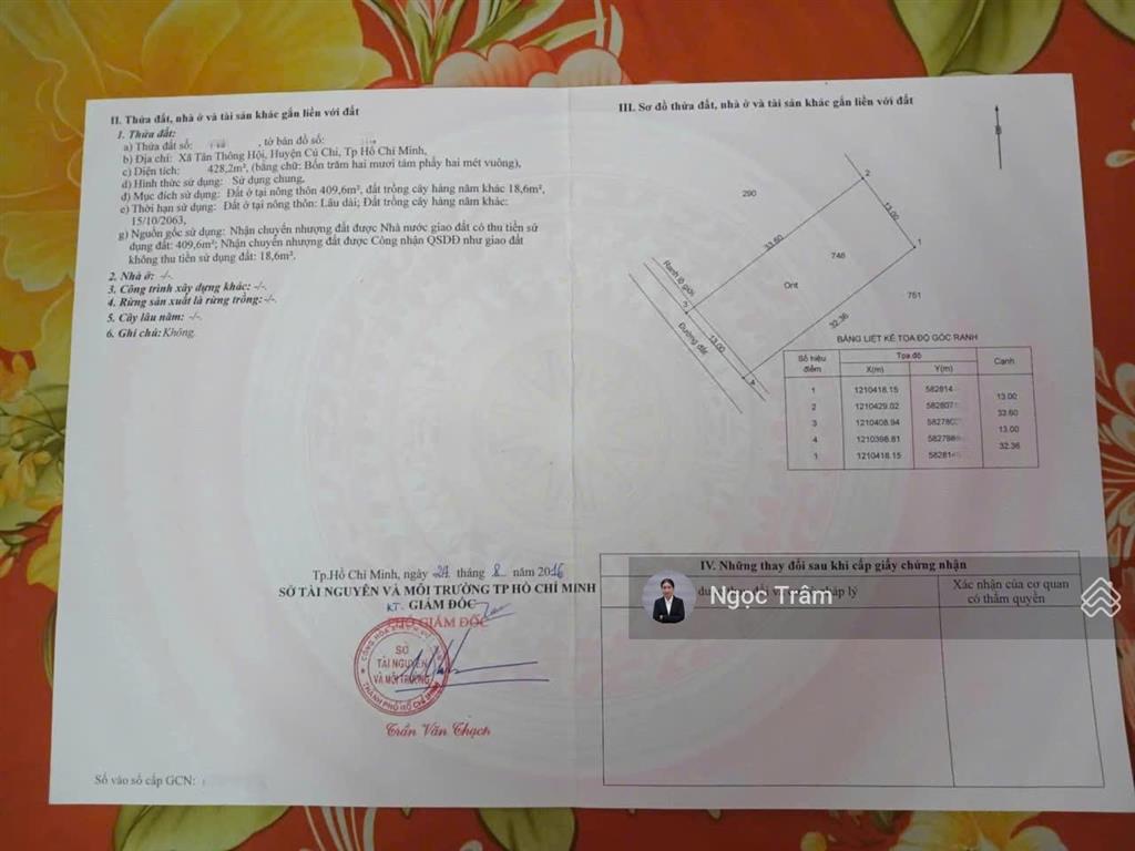 Cần bán đất 428m2  750 triệu đường trần văn chẩm xã tân thông hội huyện củ chi sổ hồng riêng