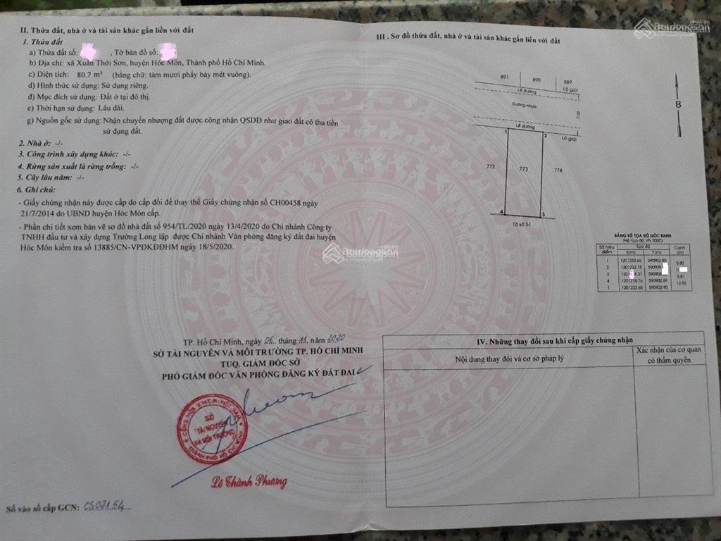 Chủ kẹt tiền cần bán lô đất đ. nguyễn văn bứa, xã xuân thới sơn, dt 81m2 giá 1,4 tỷ, sổ hồng riêng