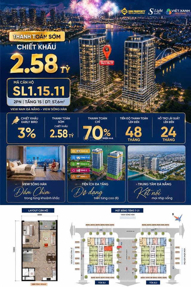 Quỹ căn ngoại giao slight tower đà nẵng chỉ 2,58 tỷ căn sl10911 1pn+ 58m² view sông và pháo hoa