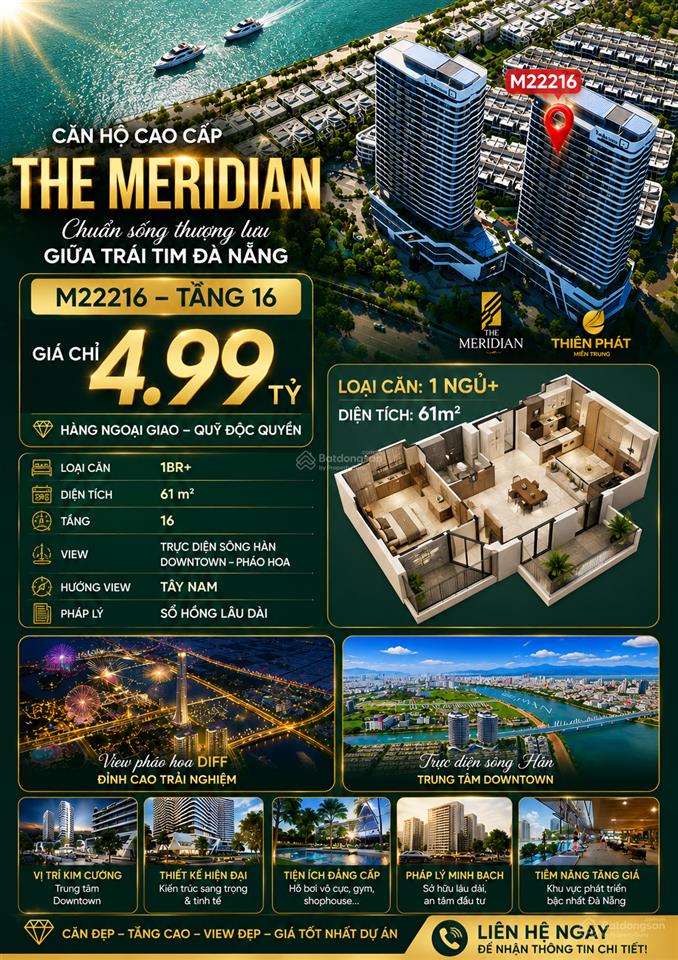 Quỹ căn ngoại giao meridian đà nẵng m22216 chỉ 4,99 tỷ 88tr/m2 view sông hàn và downtown 69 tầng