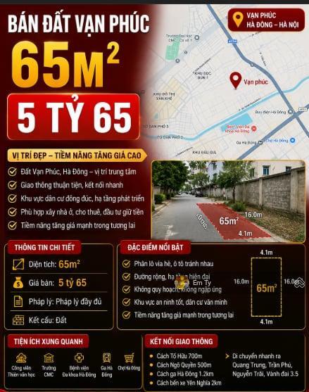 Chính chủ nhờ bán đất vạn phúctrung tâm hà đôngđường ôtô tải tránhhàng xóm cán bộdt65m25 tỷ 65
