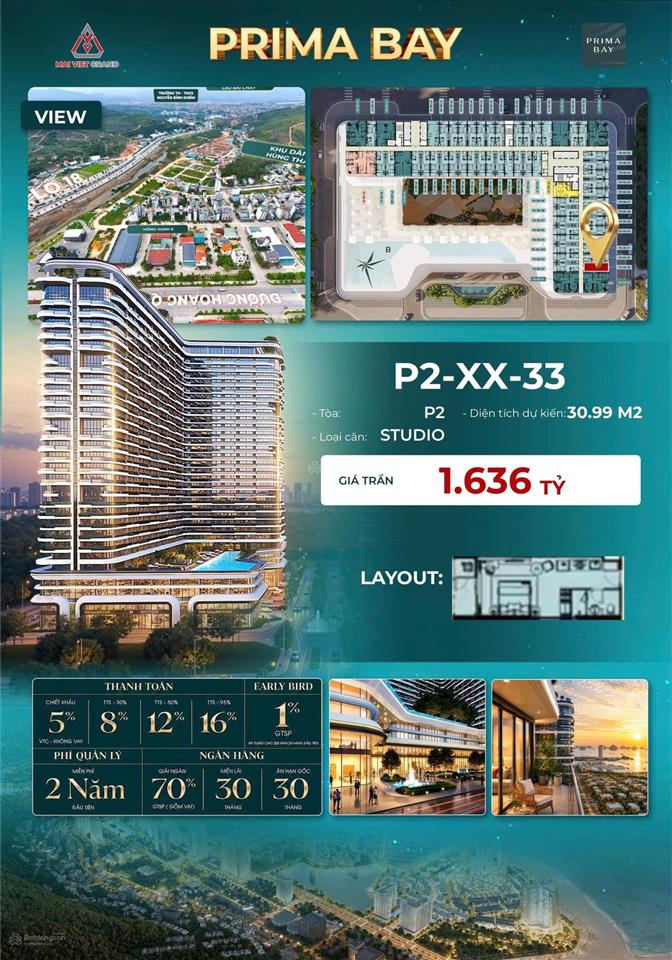 Căn hộ chung cư bán tại prima bay, 1,6 tỷ, 30m2, view bến du thuyền yacht club