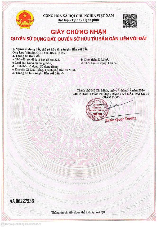 Bán đất 239m2, 3,3 tỷ tại định hiệp, dầu tiếng, bình dương