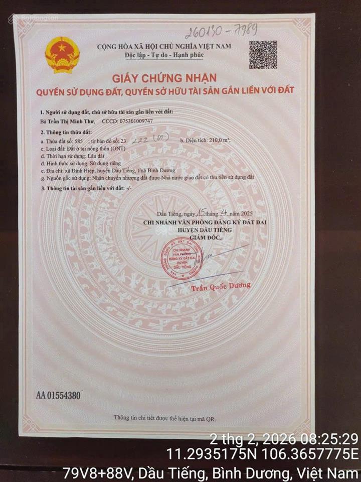 Bán đất tại định hiệp, dầu tiếng, bình dương, giá cực chất chỉ với 3,1 tỷ, 210 m2