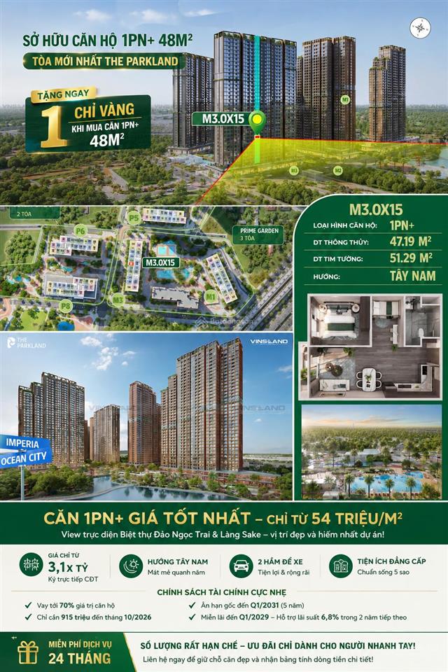 Tặng ngay 01 chỉ vàng khi sở hữu căn 1pn+ 48m tại tòa mới nhất the parkland  imperia ocean city