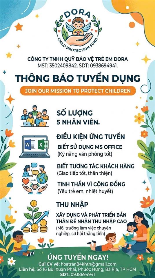 CÔNG TY TNHH QUỸ BẢO VỆ TRẺ EM DORA TUYỂN DỤNG NHÂN SỰ HOẠT ĐỘNG XÃ HỘI