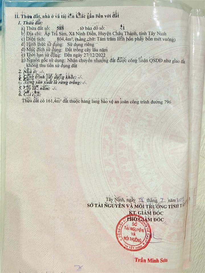 Cần bán đất Tỉnh Lộ 796 Xã Ninh Điền ,huyện Châu Thành ,Tỉnh Tây Ninh.
