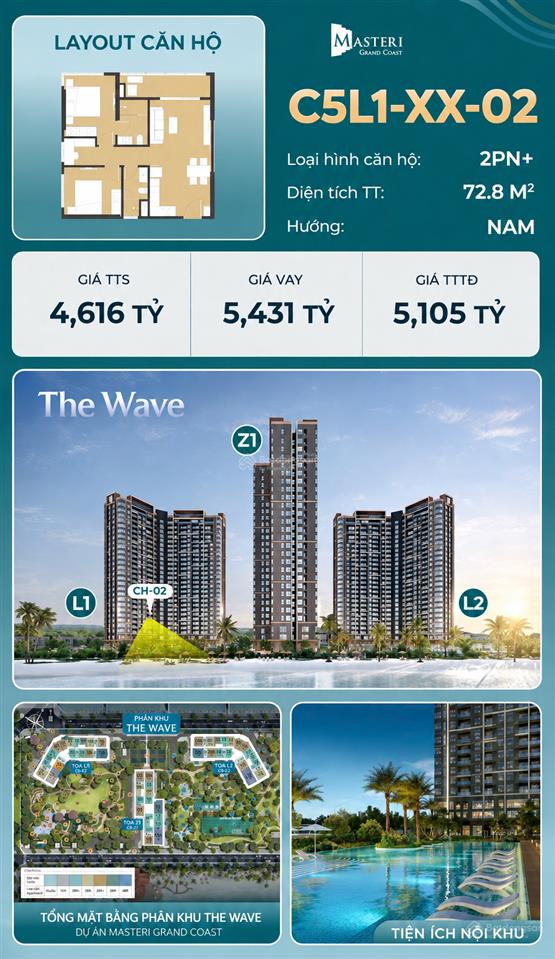 Căn hộ 2pn+ view công viên nội khu siêu chill masteri grand coast