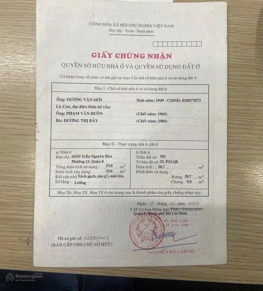 Bán nhà hẻm trần nguyên hãn p.13 quận 8 giá 2,350