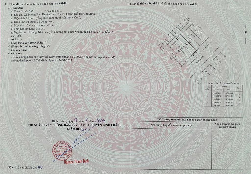 Bán nền đất 4,5x18m (81m2) kdc phong phú 5, bình chánh