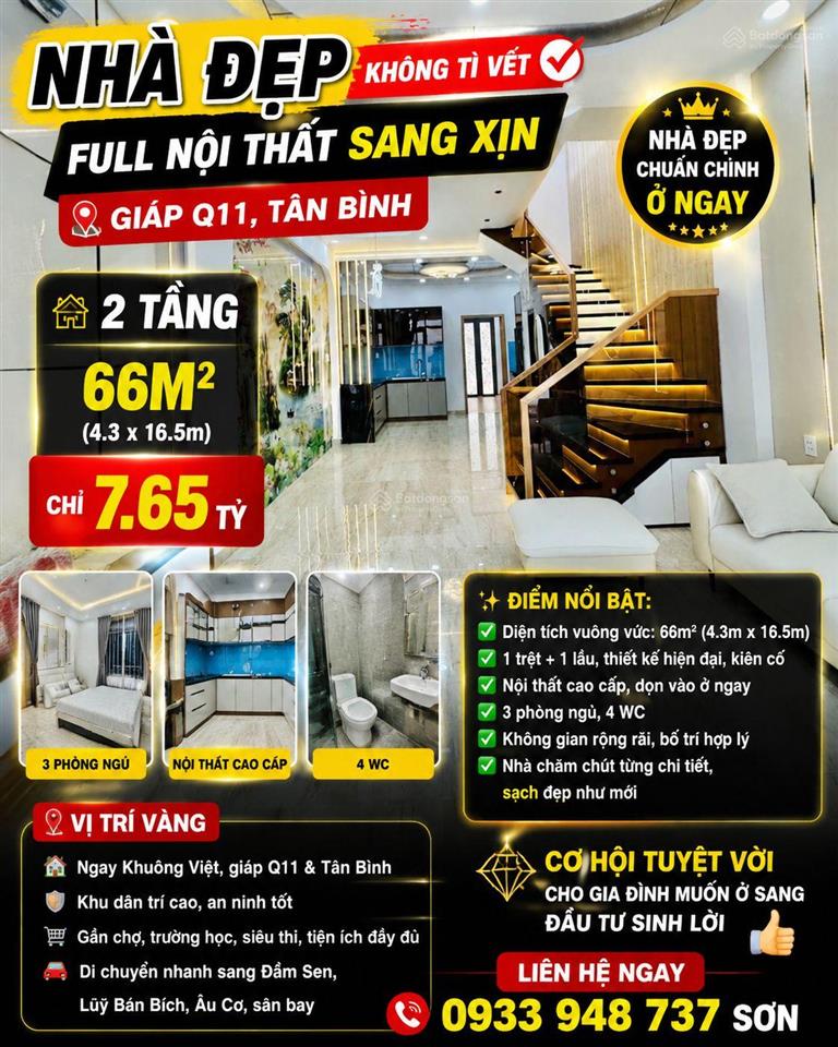 Bán nhà đẹp khuông việt tân phú 66m (4.3x16.5m), gần đầm sen, full nội thất, chỉ 7.65 tỷ tl