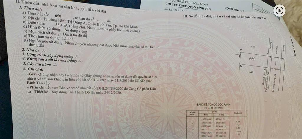Chủ cần bán gấp đất nền hẻm xe tải 8m đối diện Bệnh Viện Quận Bình Tân 54m2 ( ngang 4,8 x