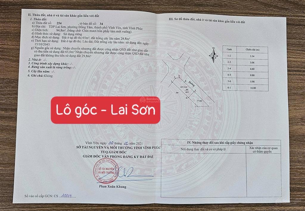 Bán gấp lô góc 2 mặt tiền lai sơn đồng tâm vĩnh yên dt94,8m mt6,6m kinh doanh đỉnh giá chỉ 1,9 tỷ